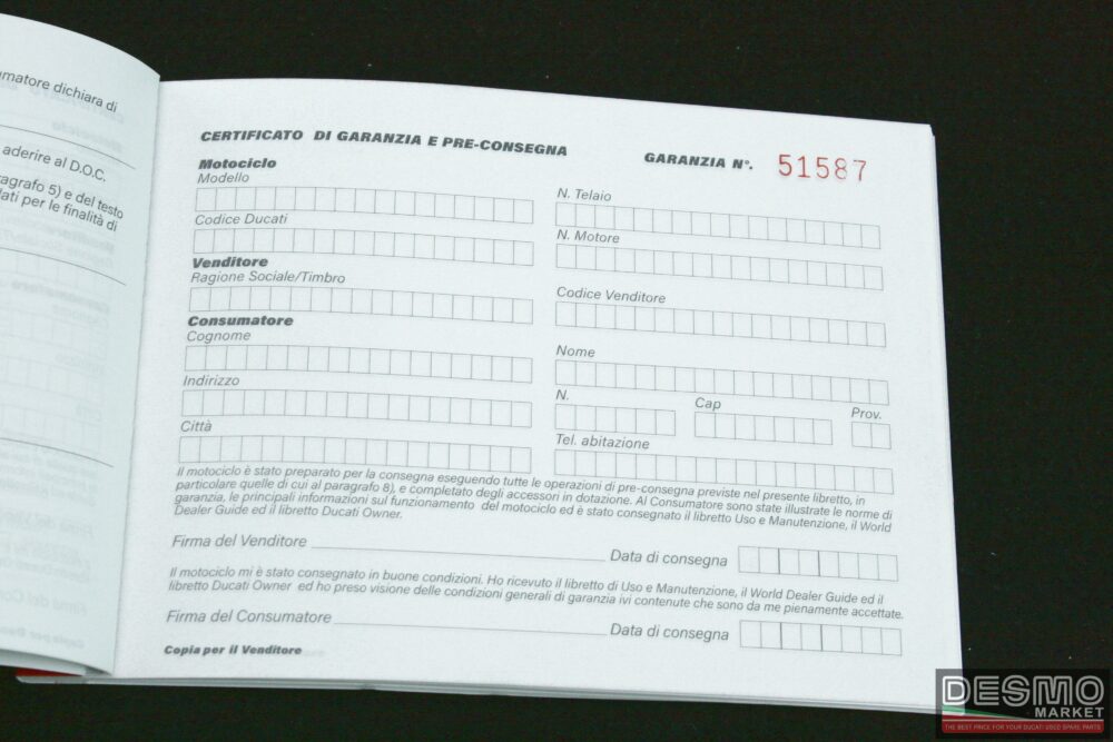 Libretto di garanzia e tagliandi di controllo ufficiale Ducati 2000
