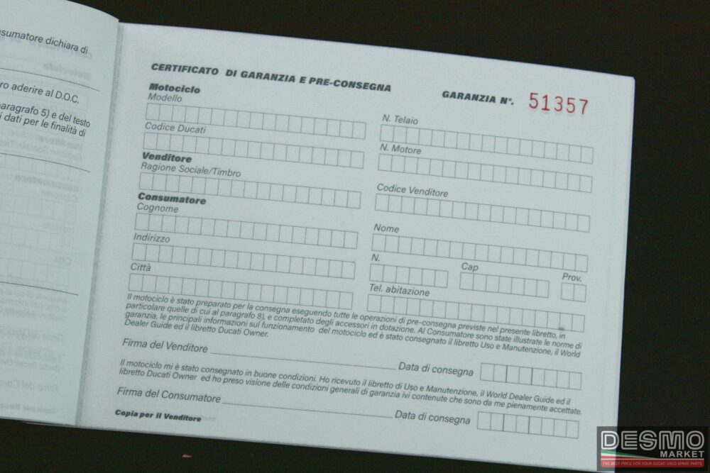 Libretto di garanzia e tagliandi di controllo ufficiale Ducati 2001