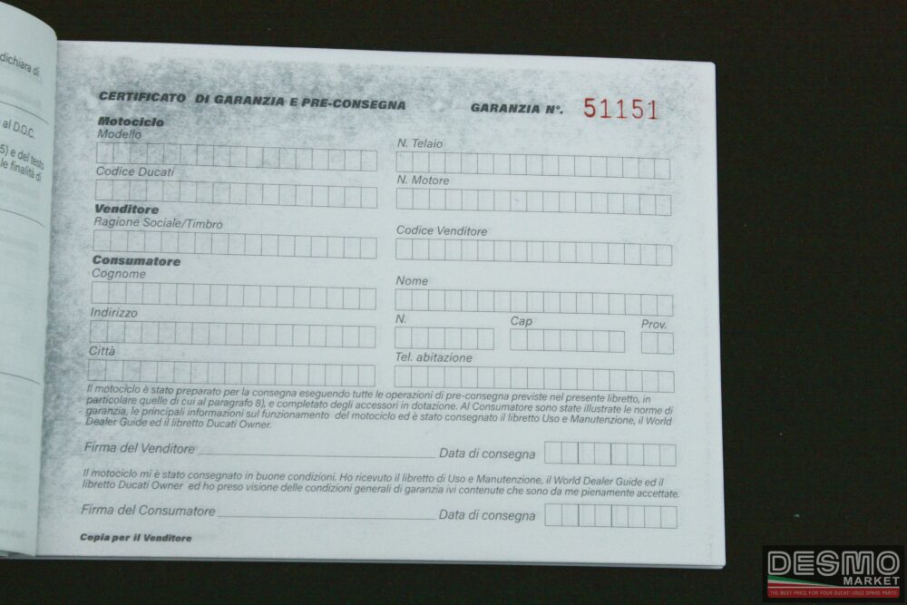Libretto di garanzia e tagliandi di controllo ufficiale Ducati 2002